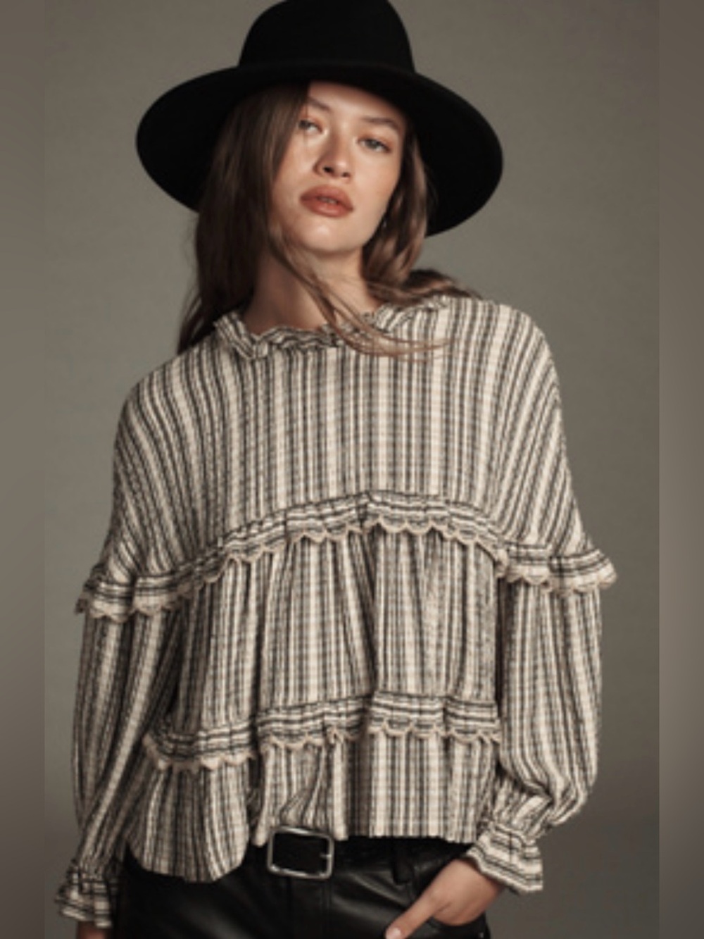 EUC Pilcro Striped Ruffle Peasant Top in Cream and Black